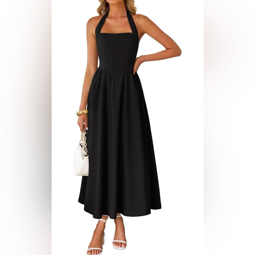 Zesica Linen Black Halter Dress